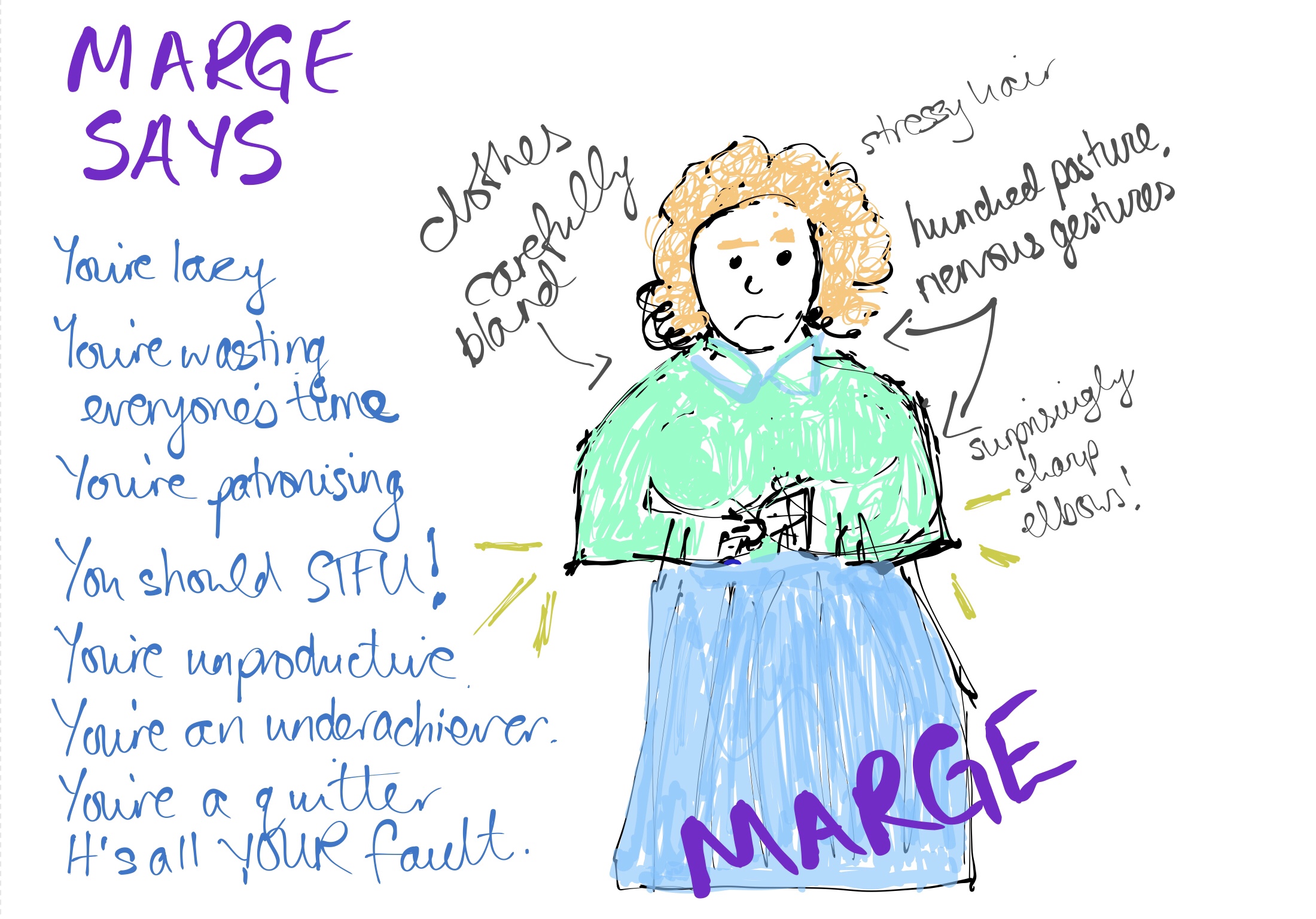 A very bad felt-tip pen drawing of a white woman with pale orange messy hair, a pastel green shirt and an unflattering calf-length pastel blue skirt. She is wringing her hands nervously. To the left, a caption reads ‘MARGE SAYS- You’re lazy! You’re patronising! You should STFU! You’re a quitter! You’re wasting everyone’s time! You’re unproductive! You’re an underachiever! It’s ALL YOUR FAULT!’