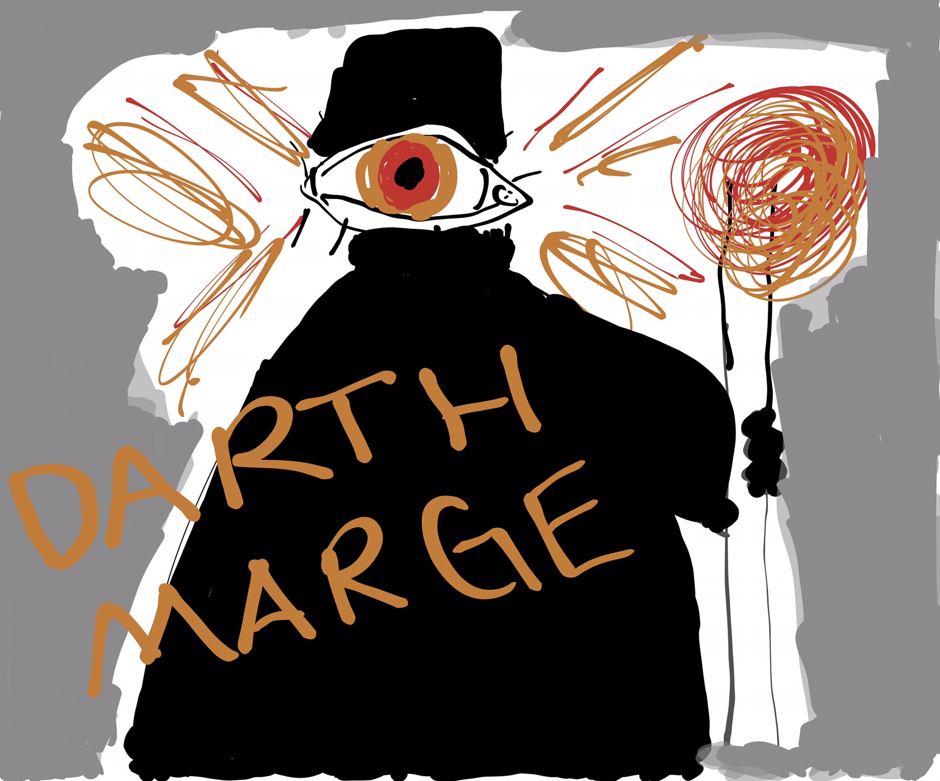 An image titled ‘DARTH MARGE’. Against a grey background stands a black robed figure wearing some kind of rectangular helmet with a single, huge, flaming eye where the face should be. The figure holds a flaming staff and orange flames shoot out of its head.