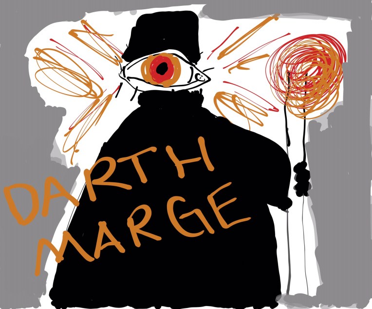 An image titled ‘DARTH MARGE’. Against a grey background stands a black robed figure wearing some kind of rectangular helmet with a single, huge, flaming eye where the face should be. The figure holds a flaming staff and orange flames shoot out of its head.